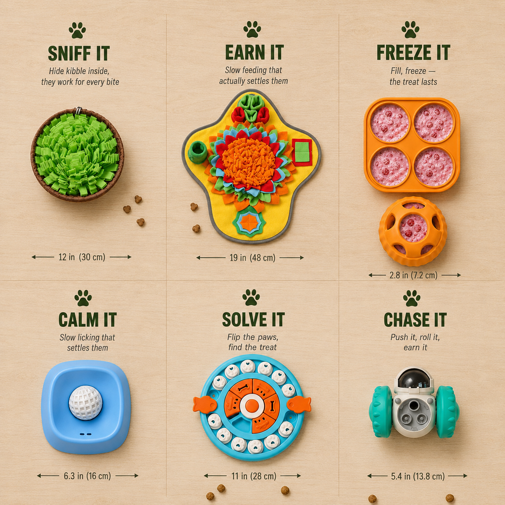 SettlePaws Mix 6 dog enrichment kit overview with sniff, lick, freeze, calm, solve and chase toys and sizes
