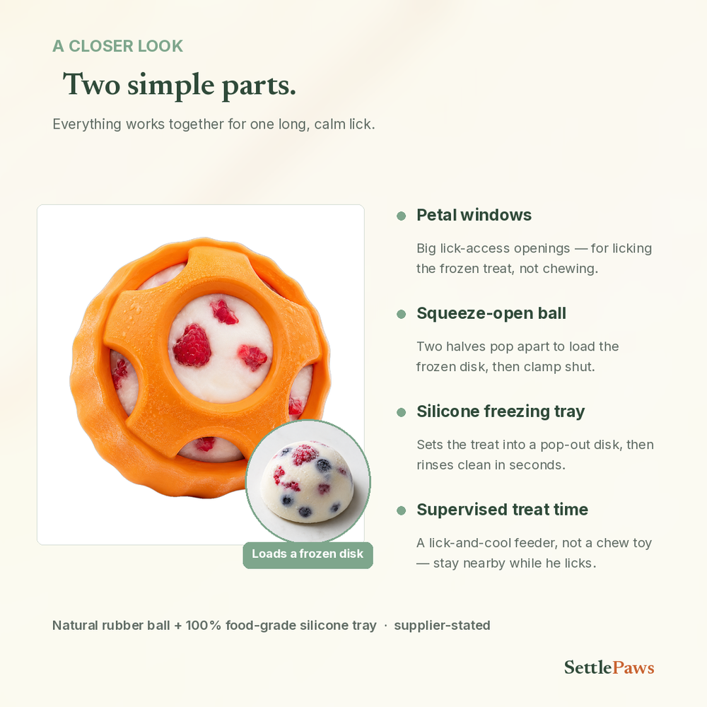 Frozen treat set details — orange rubber Pupsicle ball and silicone freezing tray