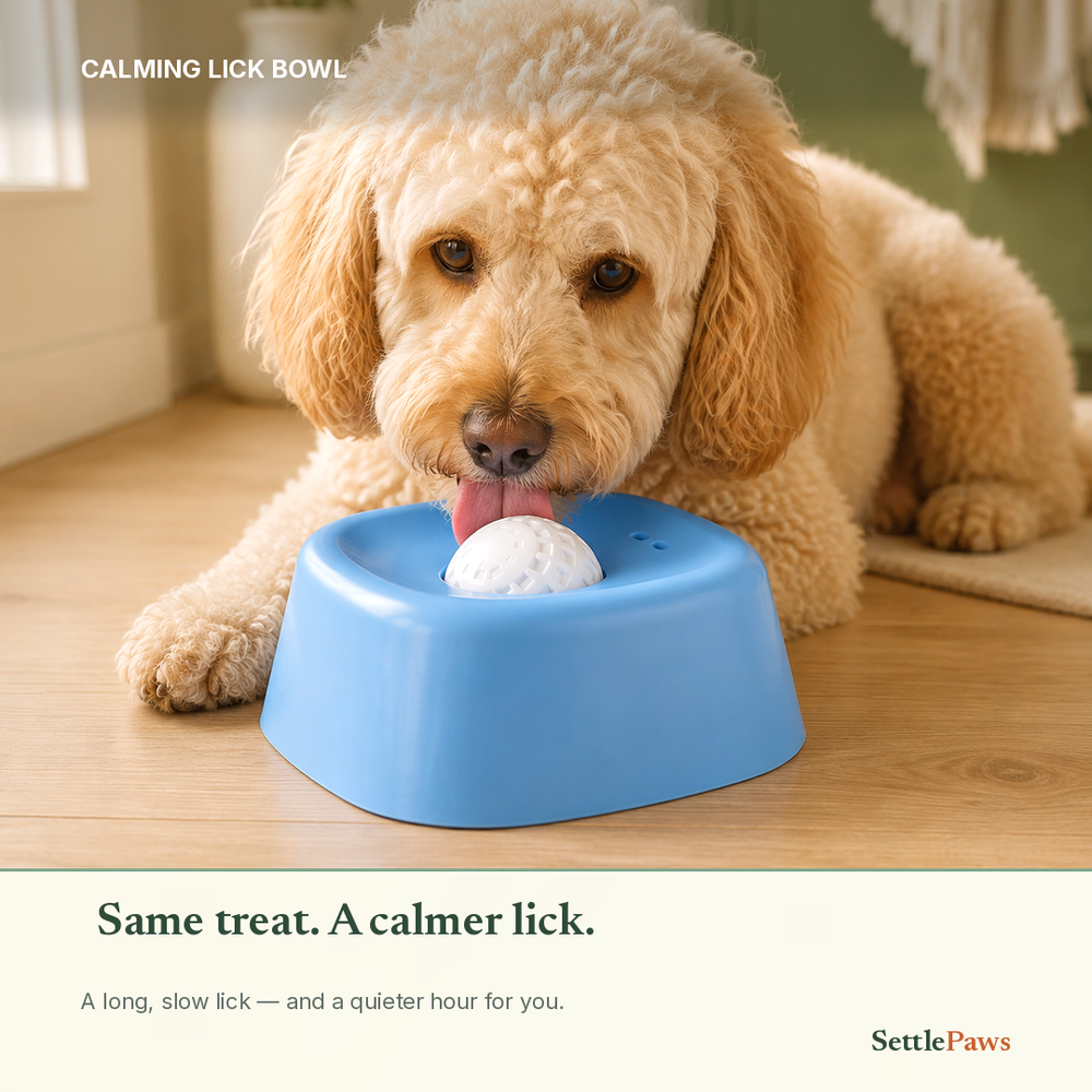 Dog licking the calming lick bowl, settling during time alone