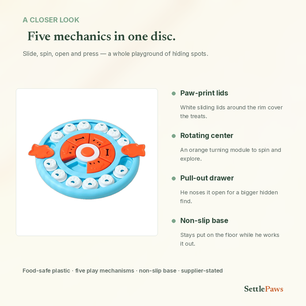 Dog puzzle board details — paw-print lids, rotating center, pull-out drawer
