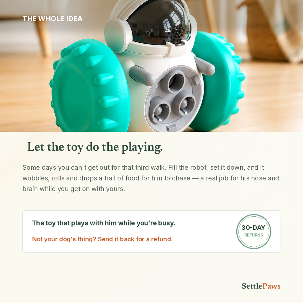 Wobble treat dispenser robot for dogs — a toy that plays back