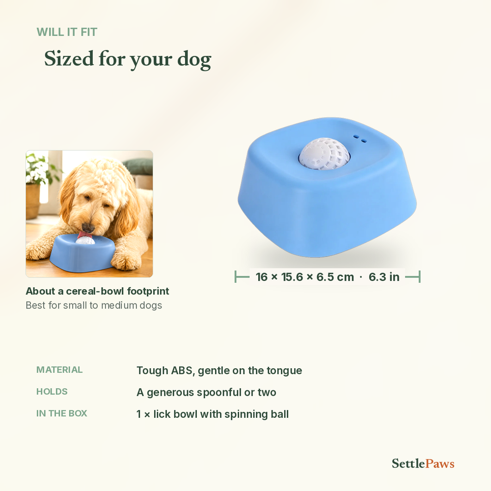 Calming lick bowl size and specs for dogs
