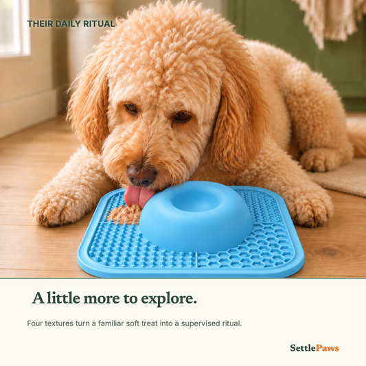 Apricot dog licking soft food from the textured blue silicone lick mat beside its smooth raised center
