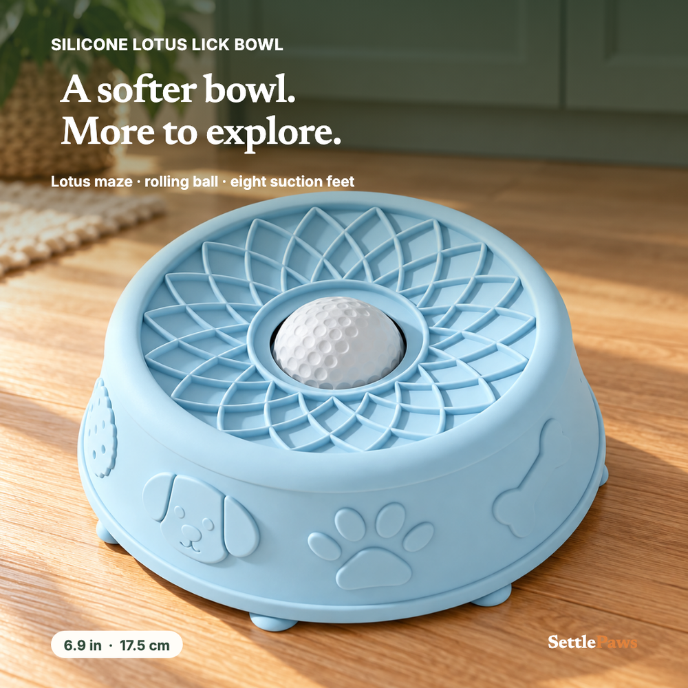 SettlePaws powder-blue silicone lotus lick bowl with petal grooves and textured center ball on oak floor