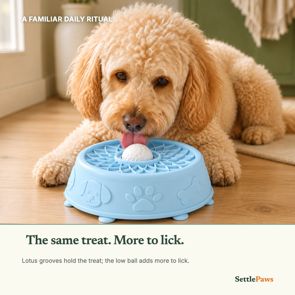 Dog licking the powder-blue silicone lotus bowl while its feet rest on the oak floor