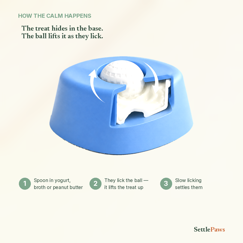 How the calming lick bowl works — spread a soft treat, the ball rolls, your dog licks calm