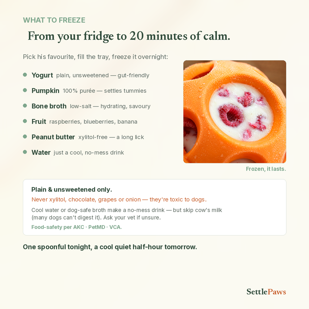 Dog-safe foods to freeze — plain yogurt, pumpkin, bone broth, fruit