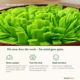 Close-up of the green fleece pile and brown padded rim of the snuffle mat