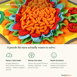 Close-up of the snuffle mat felt petals, orange rosette and corner pockets