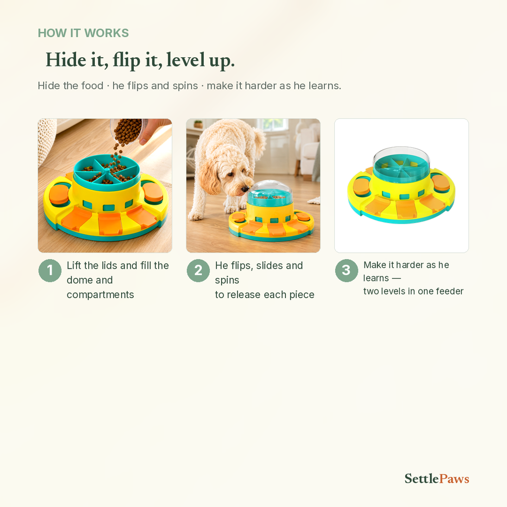 How the puzzle feeder works — lift the dome, pour kibble into the open teal disc, flip the lids