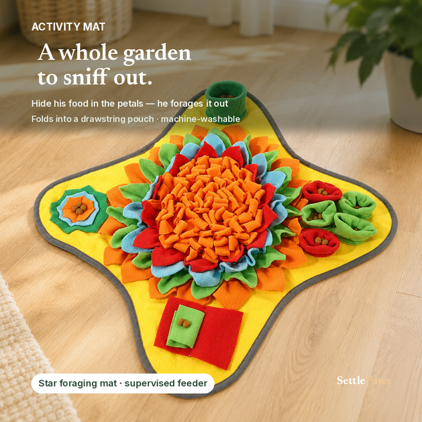 Flower-shaped yellow fleece dog snuffle mat, orange center and felt petals — a whole garden to sniff out