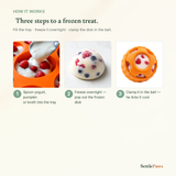 How the frozen treat set works — fill the silicone tray, freeze, clamp the disc into the ball