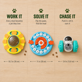 SettlePaws Puzzle Pack size guide: yellow puzzle feeder 10.2 in, blue slider puzzle board 11 in and treat-dispensing robot 5.4 in