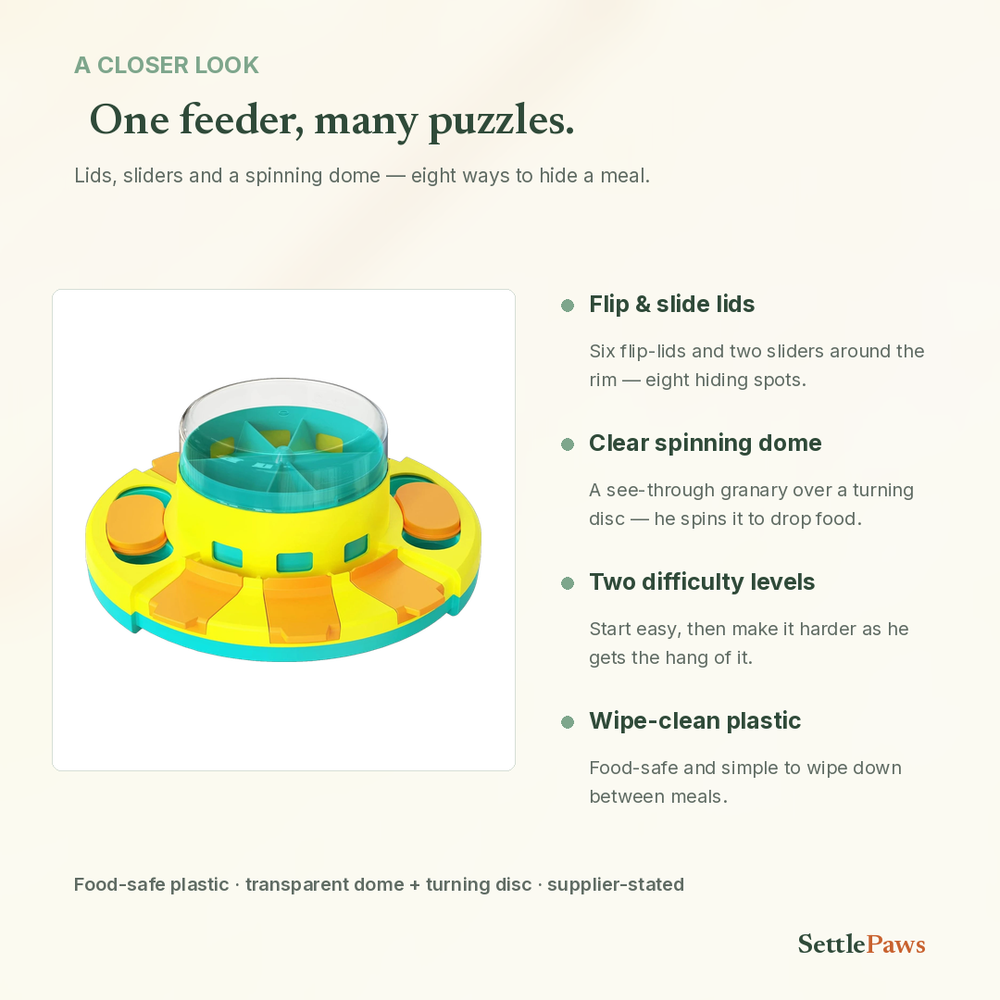 Dog puzzle feeder details — yellow base, orange lids, tall clear spin dome
