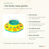 Dog puzzle feeder details — yellow base, orange lids, tall clear spin dome