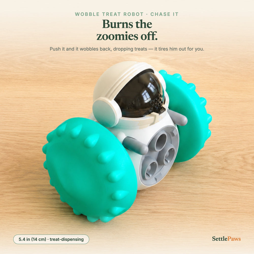 Blue wobble treat-dispenser robot for dogs — interactive slow feeder