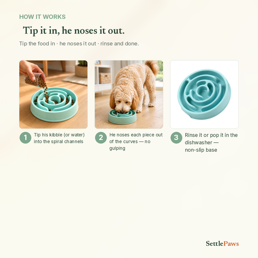 How the maze bowl works — tip food into the spiral, he noses it out, rinse clean