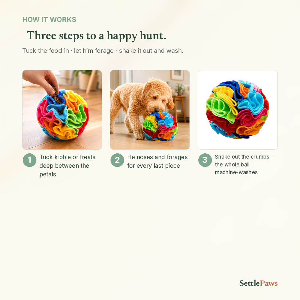 How the snuffle ball works — tuck kibble in the fleece, he forages, shake out and wash