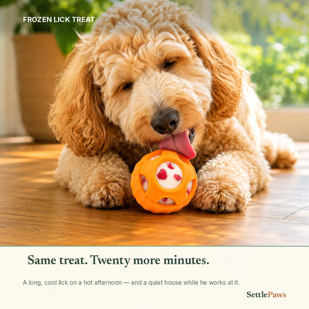 Goldendoodle licking the orange frozen treat ball, settling on a warm day