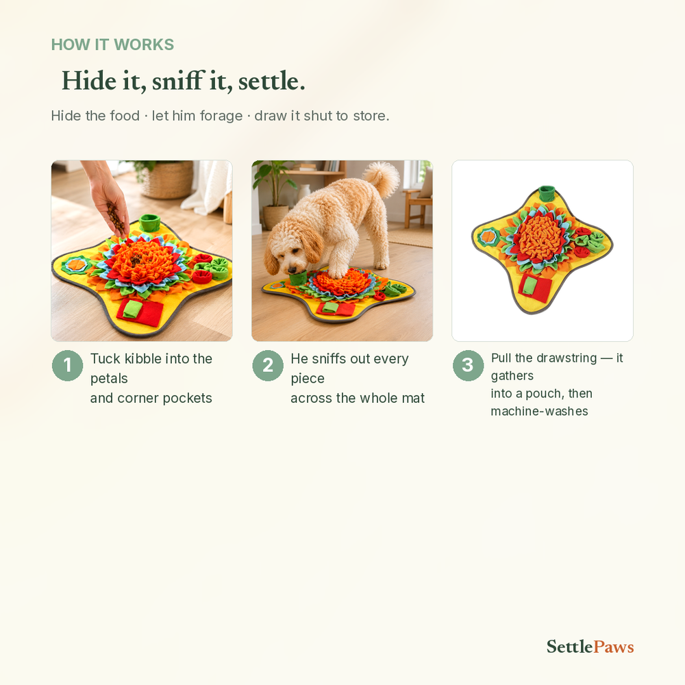 How the snuffle mat works — hiding kibble in the petals for a sniffing hunt