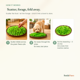 How the dog snuffle mat works — scatter kibble in the fleece, he forages, cinch it into a bowl