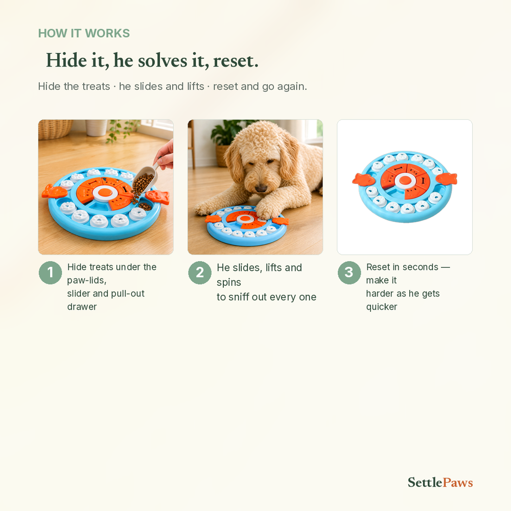 How the puzzle board works — hide treats under the paws, slider and drawer, he sniffs them out