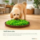 Dog nose-down foraging in the green snuffle mat on a wood floor