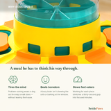 Close-up of the puzzle feeder's orange flip lids and clear dome over the teal disc