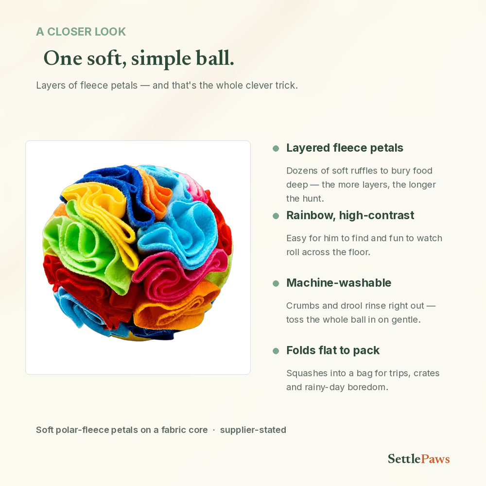 Snuffle ball details — layered fleece petals on a fabric core, machine-washable, folds flat