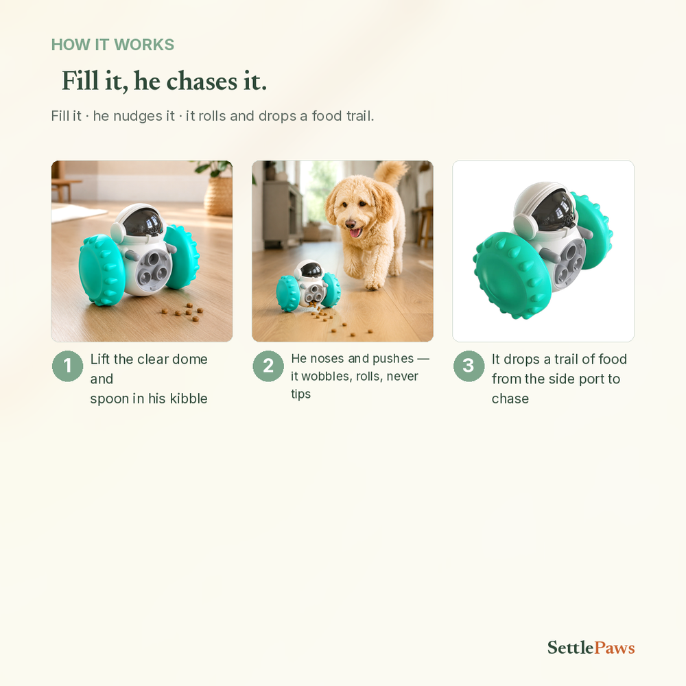 How the treat robot works — fill it through the dome, it wobbles and drops a trail of kibble