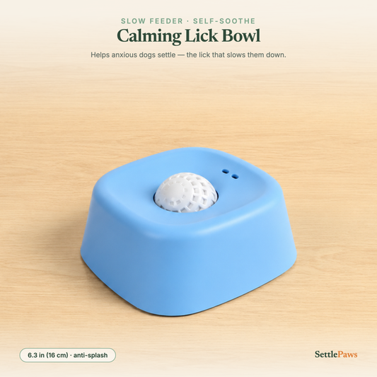 Soft-blue dog calming lick bowl with a white frosted rolling ball and anti-splash walls