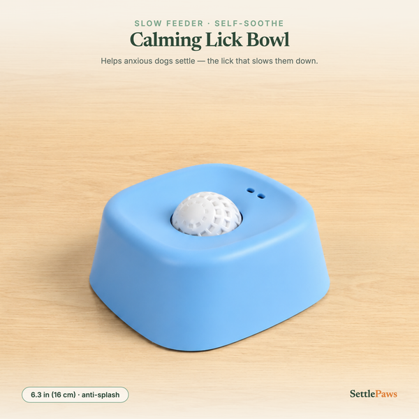 Soft-blue dog calming lick bowl with a white frosted rolling ball and anti-splash walls