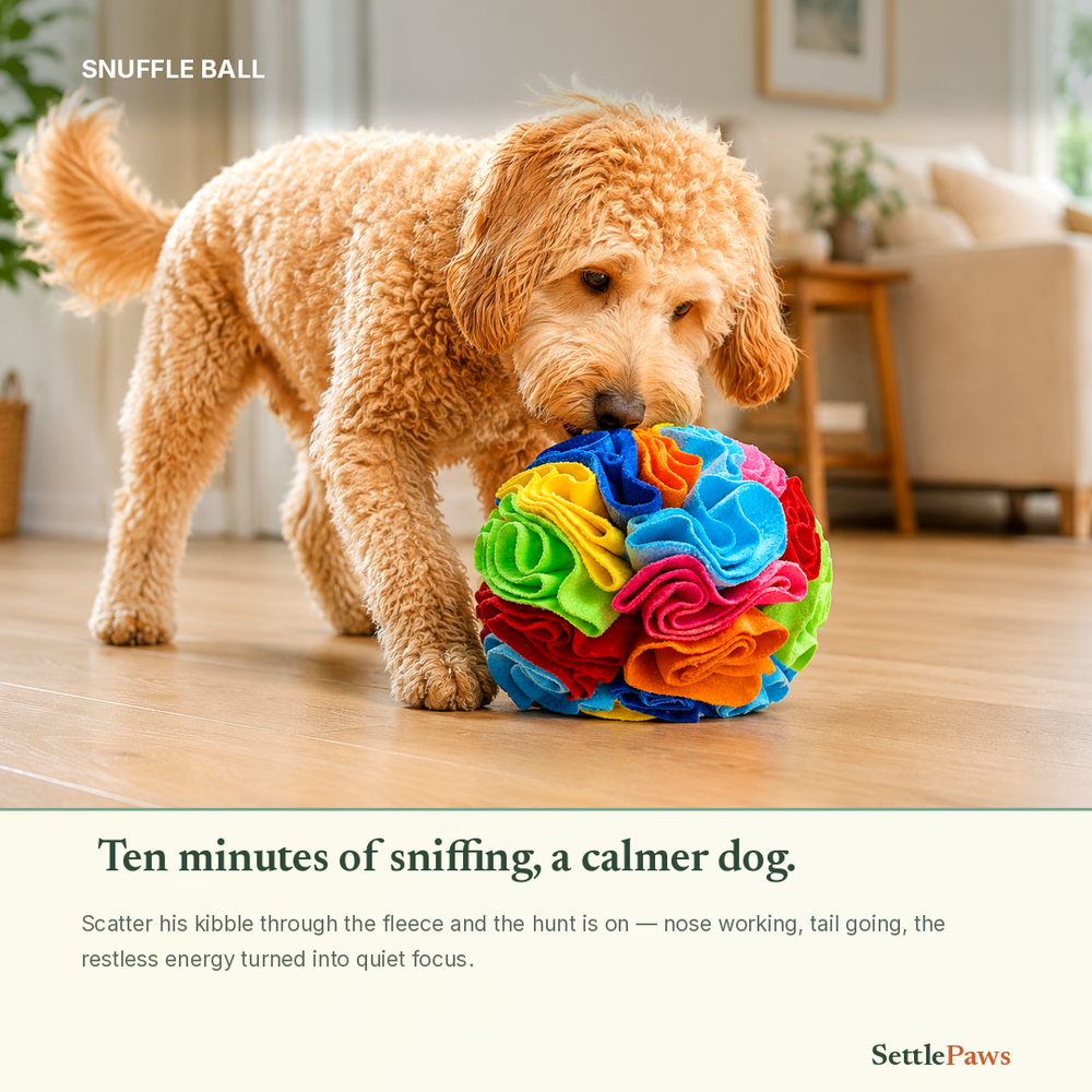 Cream goldendoodle nose-buried in the rainbow snuffle ball, foraging for kibble