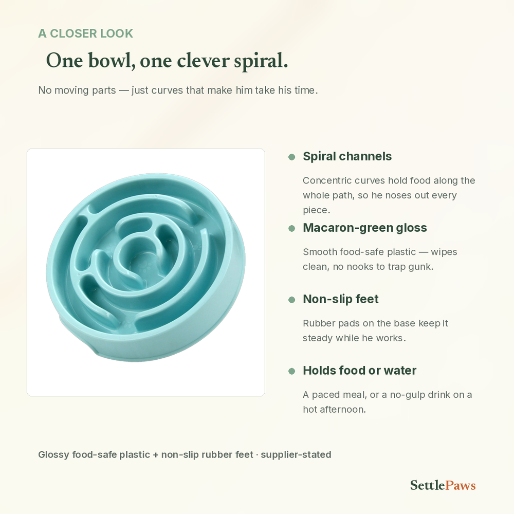 Slow feeder maze bowl details — glossy food-safe plastic spiral and non-slip feet