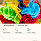 Close-up of the soft rainbow fleece petals of the snuffle ball