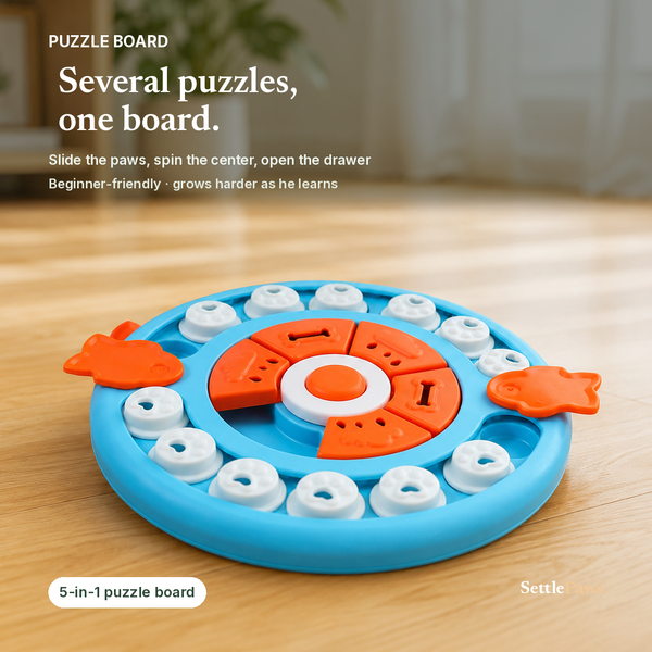 Round blue dog puzzle board with white paw-print lids, an orange spinning center and orange fish-shaped side handles
