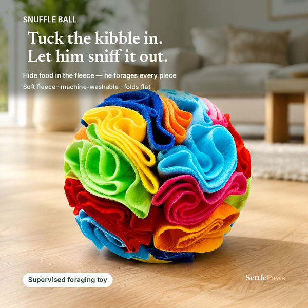 Rainbow fleece snuffle ball for dogs on an oak floor, kibble tucked between the ruffled petals