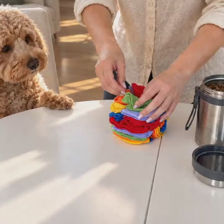 Dog foraging with a rainbow snuffle ball