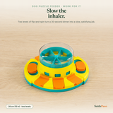 Two-level dog puzzle feeder with flip-top lids, sliders and a clear spinning dome hiding kibble