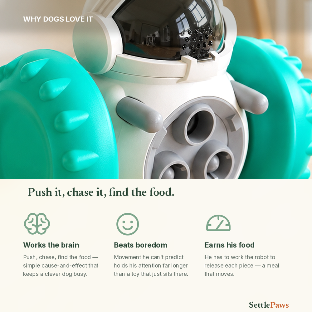 Close-up of the treat robot's clear dome helmet and teal spiked wheels