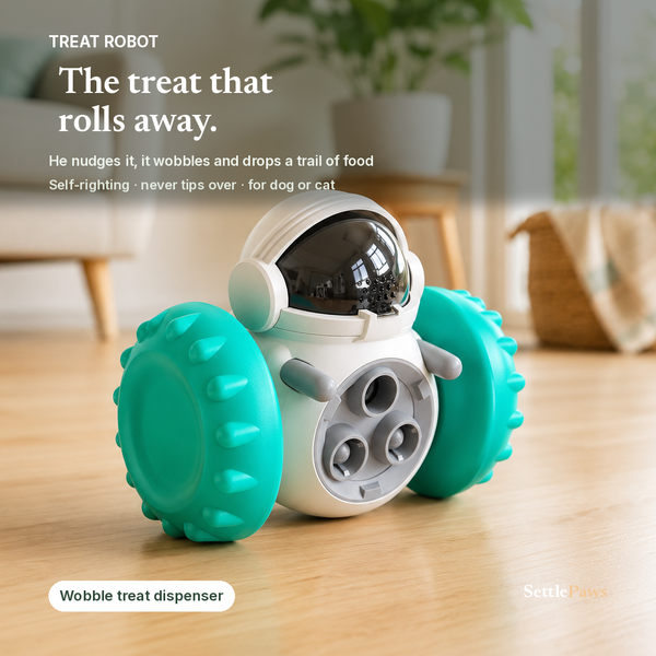 White treat dispenser robot for dogs with a clear smoke-dome lid and teal spiked wheels