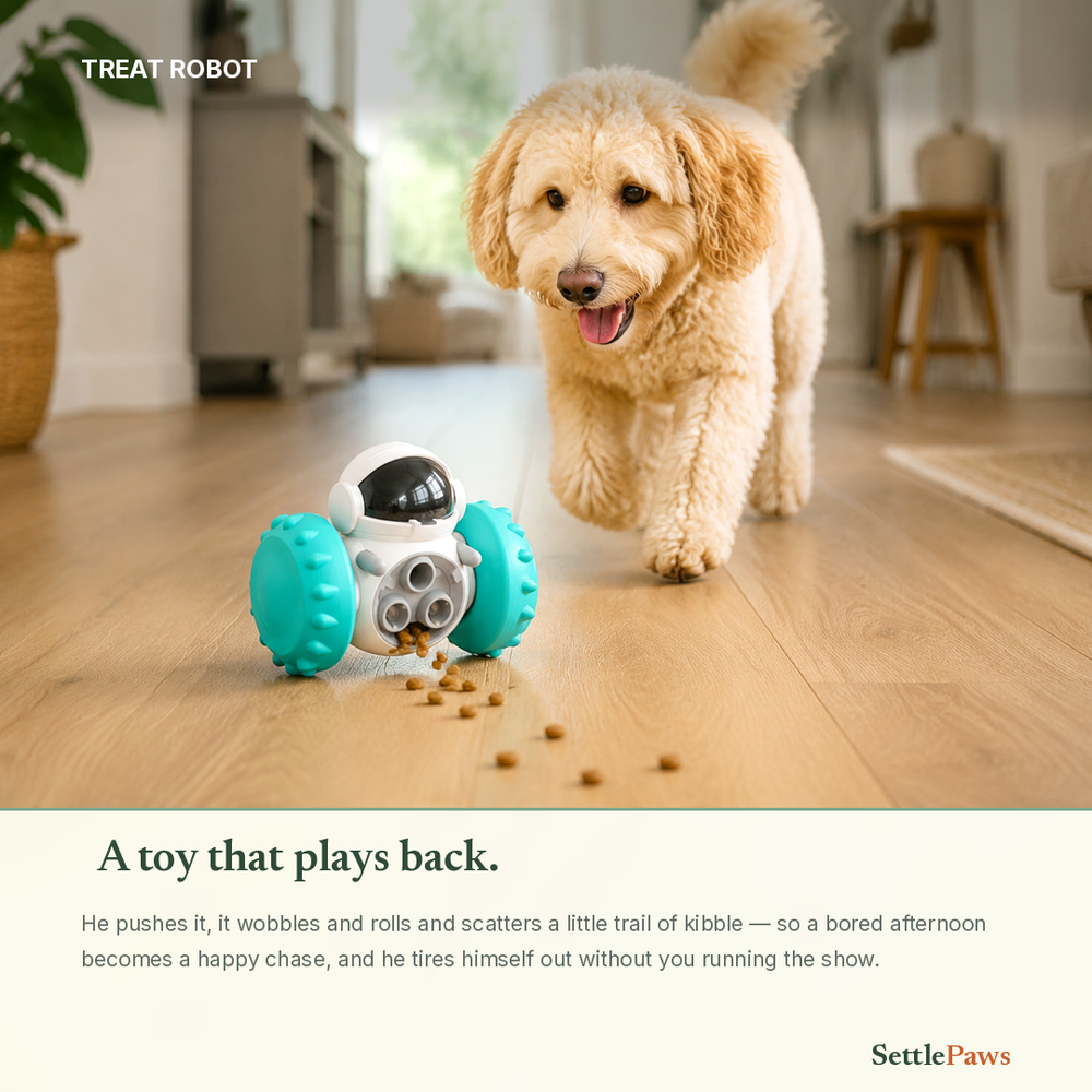 Dog following the wobble treat robot across the floor as it drops kibble