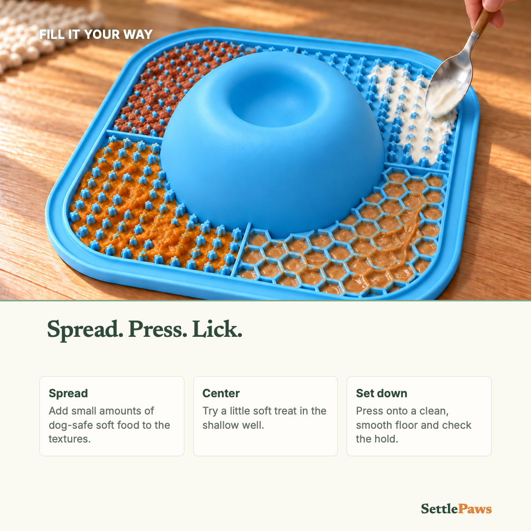 Soft dog treats spread across the four textured areas of a blue lick mat beside the smooth center