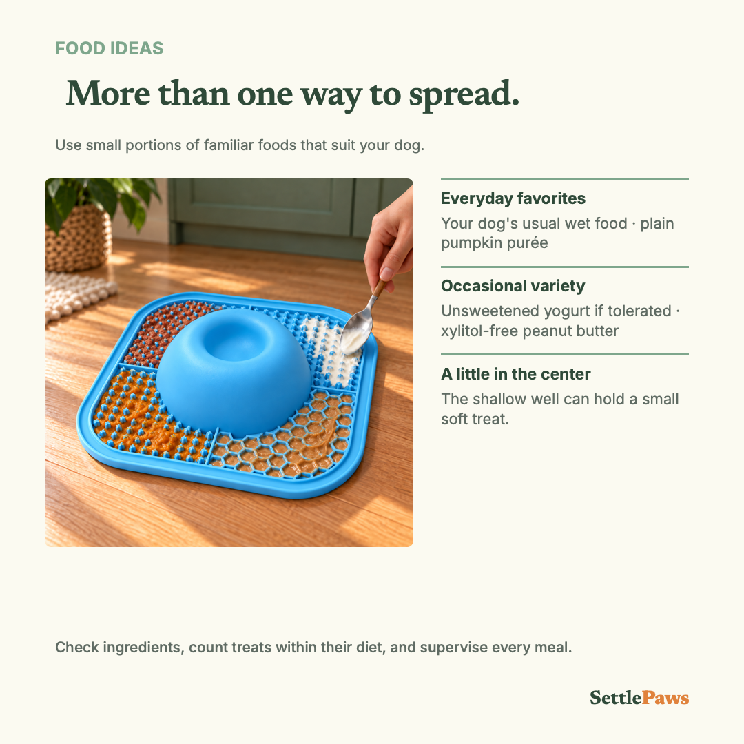 Blue silicone lick mat with soft dog treats spread on four textured corners and a smooth center