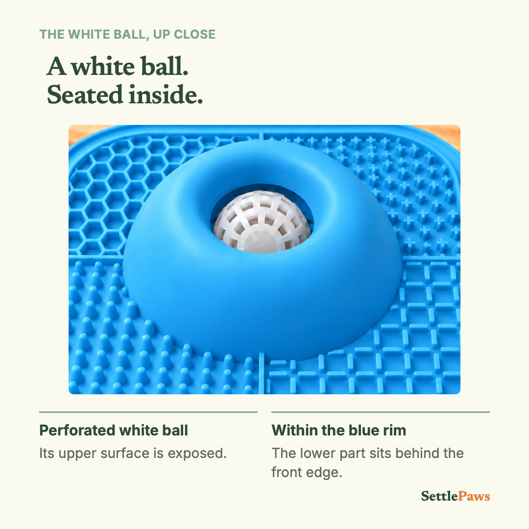 Close view of the perforated white ball seated inside the blue lick mat's raised center.