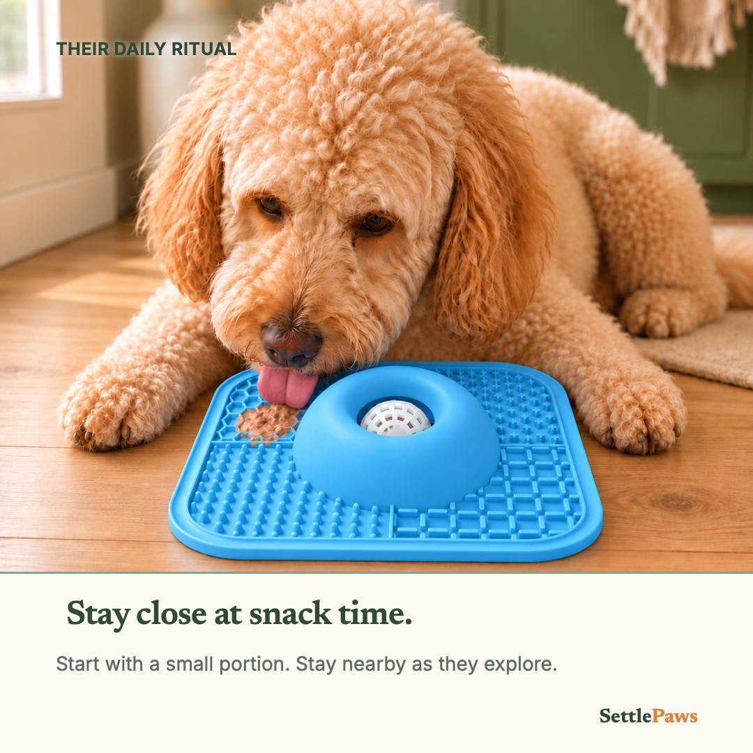 Apricot dog licking a small soft-food portion on the blue mat with a recessed white ball.