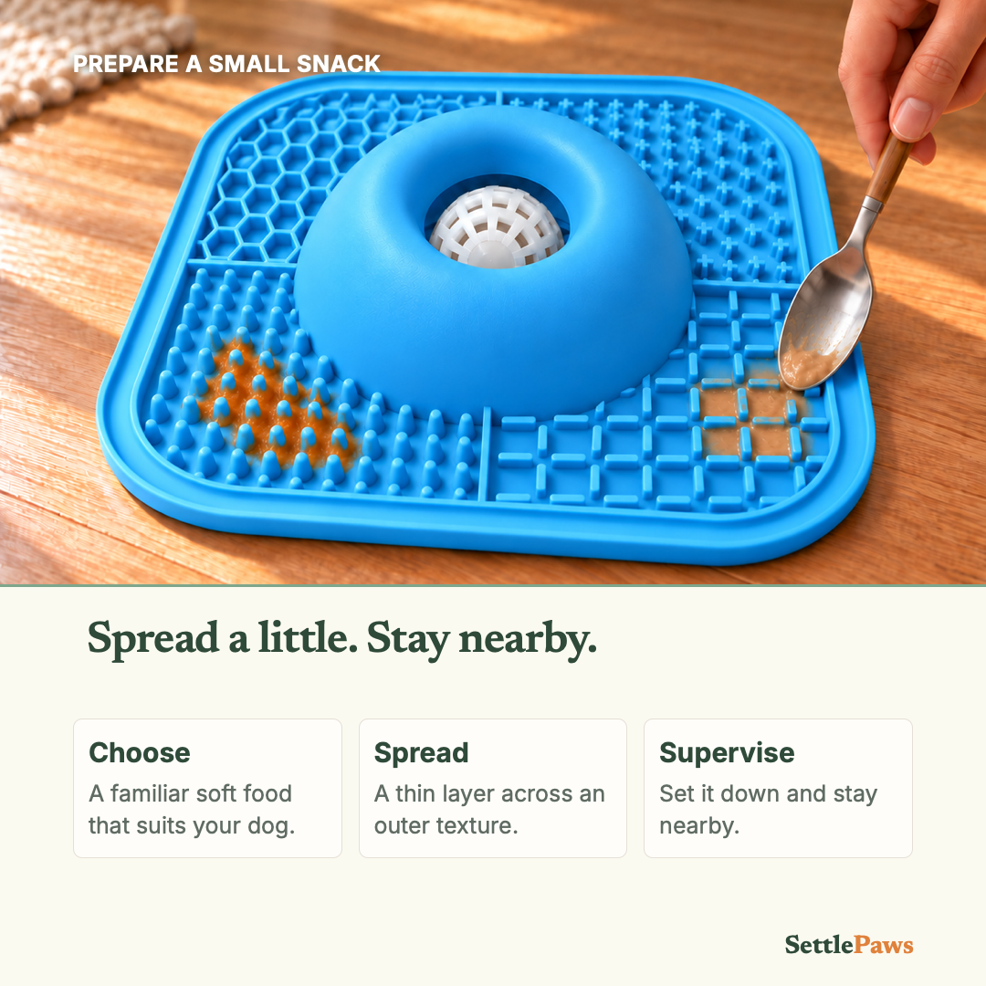 A spoon spreading a thin soft-food portion on the outer texture of the blue white-ball lick mat.