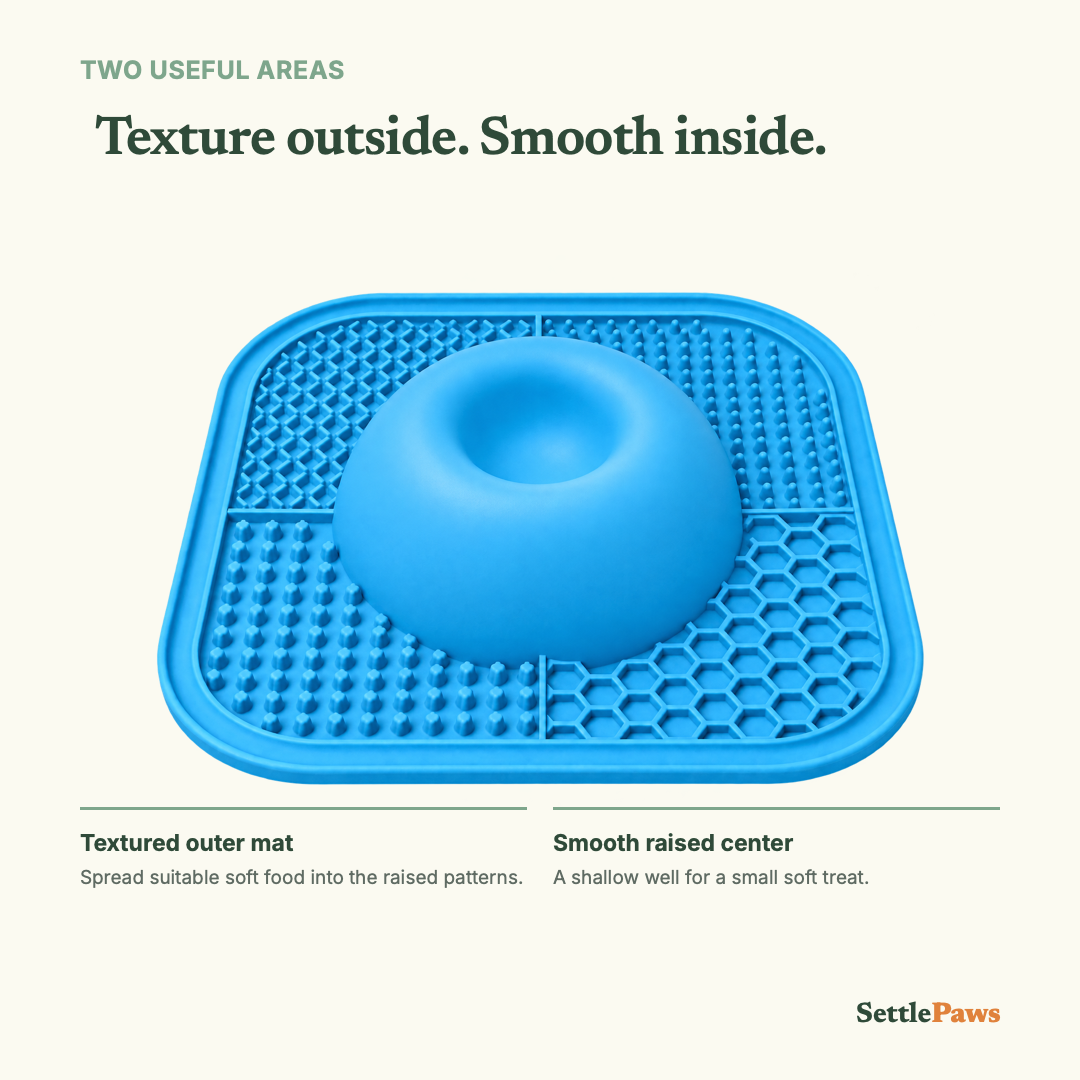 Top view of blue silicone lick mat showing four outer textures and a smooth raised center with shallow well