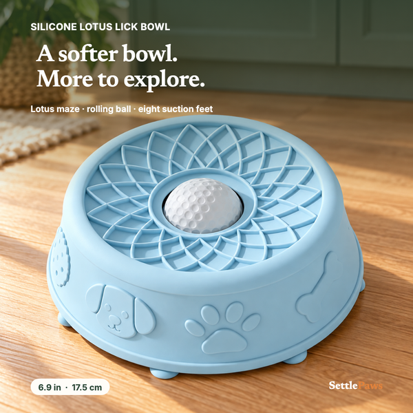 SettlePaws powder-blue silicone lotus lick bowl with petal grooves and textured center ball on oak floor