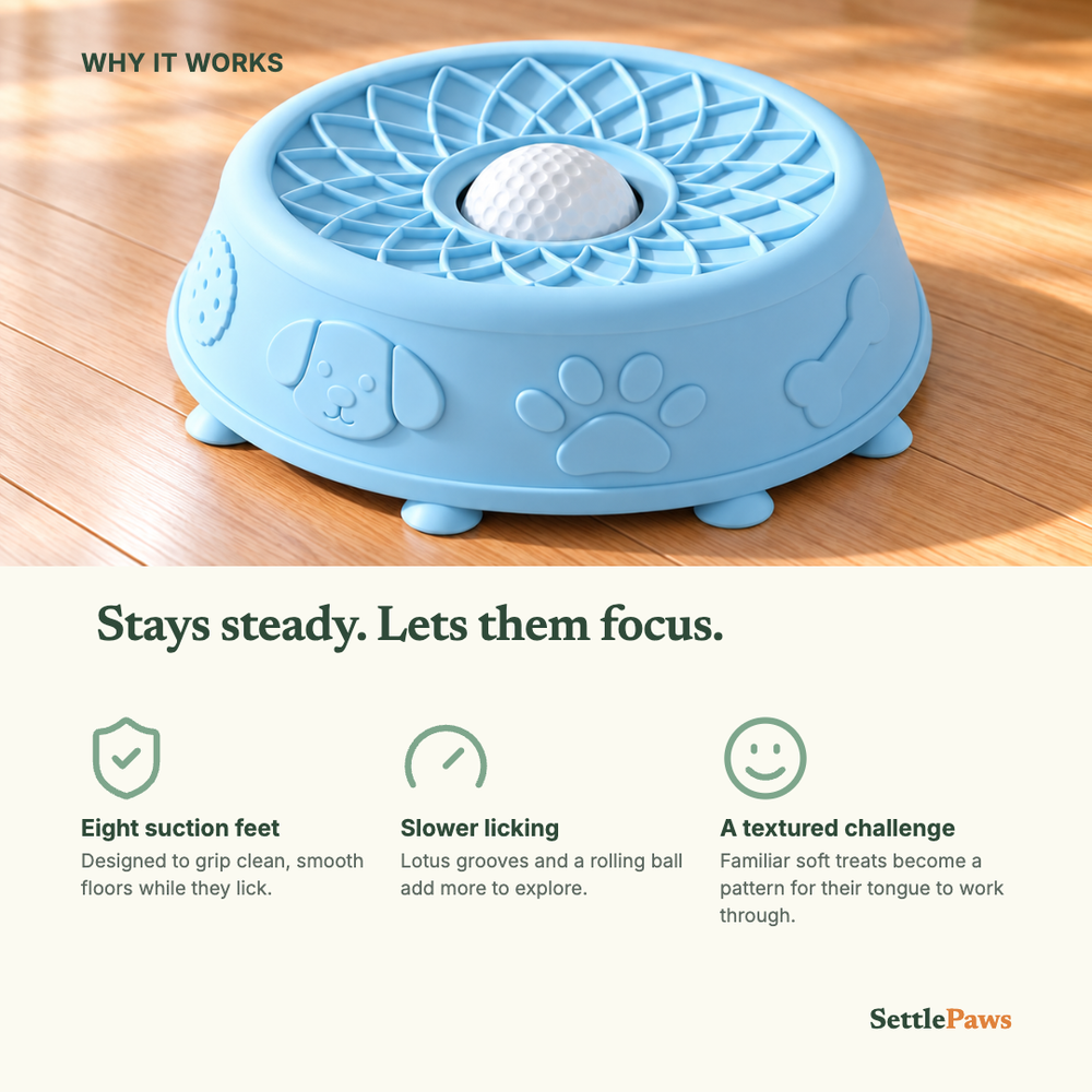 Powder-blue silicone lotus lick bowl with a raised sidewall standing on suction feet on an oak floor